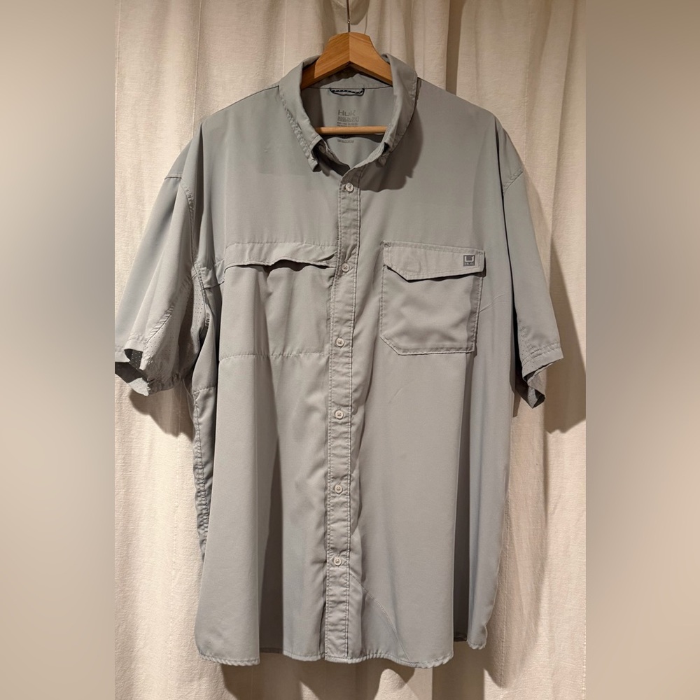 HUK Mens Gray Short Sleeve Button-Up Fishing Shirt